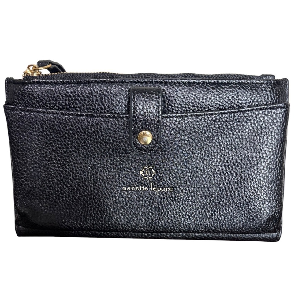Nanette Lepore Black Pebbled Bifold Wallet Zip Snap Women OS